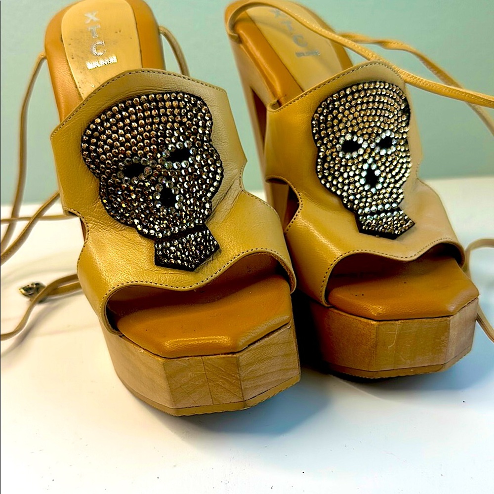 XTC Women's Italian Leather Tan Skull Platform Sandals with tie up ankle straps
